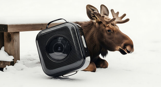 Wild moose resting in snow next to a black 360 camera case, winter wilderness scene, nature and technology contrast