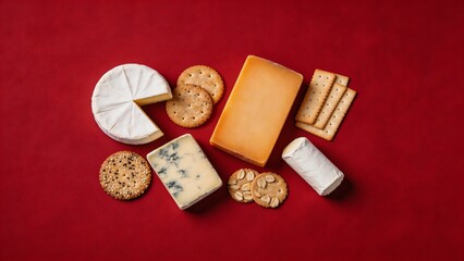 Fototapeta premium A beautifully arranged selection of artisanal cheeses and crackers on a rich red background, perfect for a gourmet snack or nutrition display, showcasing a variety of textures and colors.