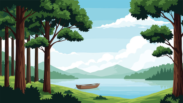 Serene landscape featuring a small wooden boat on a calm lake surrounded by lush green trees and distant mountains.