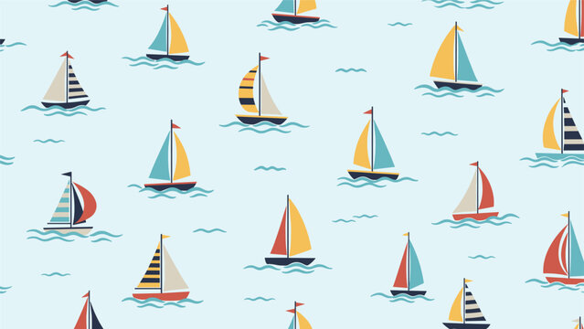 Cheerful seamless pattern featuring various colorful sailboats with striped sails on a light blue water background.