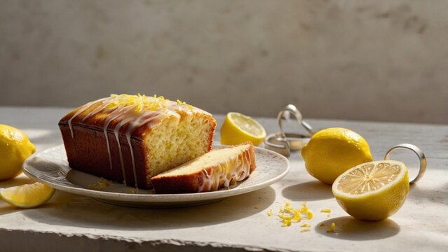 A bright, airy food scene with a lemon drizzle loaf cake, soft sunlight highlighting the glaze, lemons and zest bowl adding color.