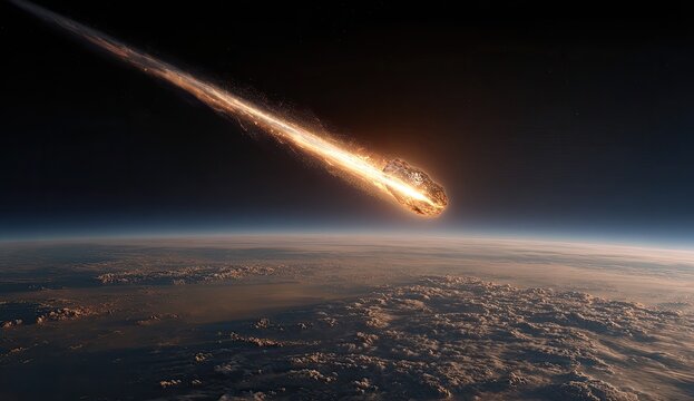 Fiery Meteor Streaking Across Earths Atmosphere Above Planet Surface.