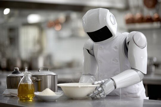 Humanoid robot helping chef test new recipe ingredients