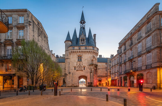 Bordeaux, France - view of Porte Cailhau on sunrise from Place du Palais square