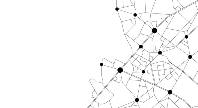 Abstract minimalist city map graphic with interconnected roads and nodes on white background