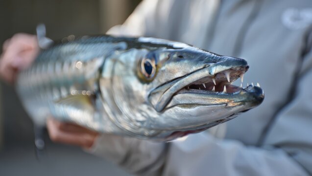 A person proudly holds a large fish with sharp teeth and silver scales, showcasing their catch in a moment of outdoor adventure and connection with nature.