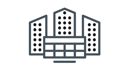 Minimalist black line art vector icon illustration of a modern city skyline featuring three tall skyscrapers and a smaller building in the foreground, representing urban architecture and business. © Amna