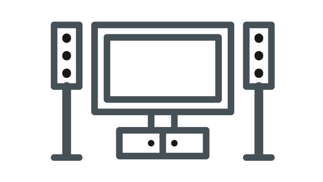 Home theater system vector icon illustration featuring a flat screen television on a media stand flanked by two tall floor-standing speakers, minimalist black line art symbol for home cinema.