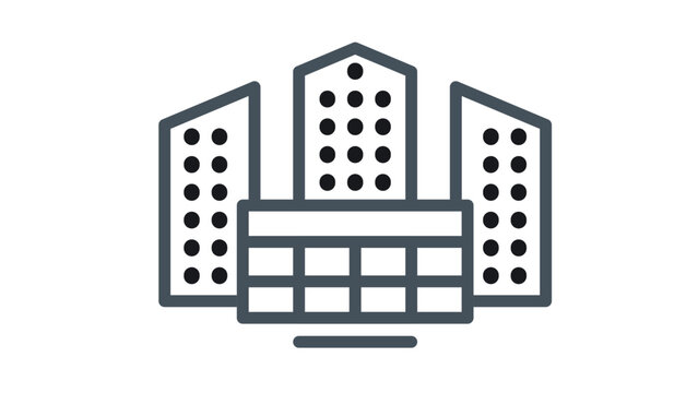 Minimalist black line art vector icon illustration of a modern city skyline featuring three tall skyscrapers and a smaller building in the foreground, representing urban architecture and business.