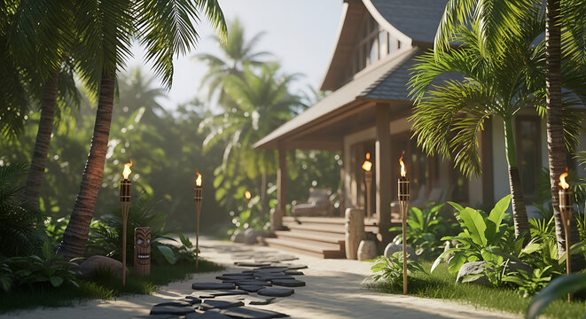 Tropical resort pathway with tiki torches leading to a traditional wooden villa, lush palm trees and dense jungle foliage, serene vacation ambiance