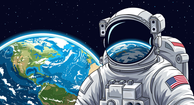 Astronaut in a space suit with an American flag patch floats above Earth, reflecting the blue planet in their helmet visor amidst a starry cosmos.