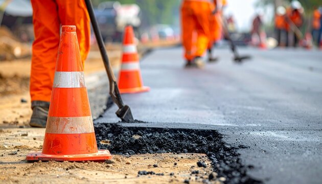 Road construction workers paving a road surface with orange cone
