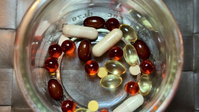Omega capsules in glass jar on black mat, closeup still life showing amber softgels and white capsules pooled at jar base.