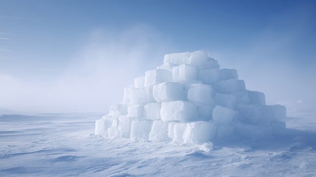Igloo made of ice blocks standing in snowy Arctic landscape under blue sky