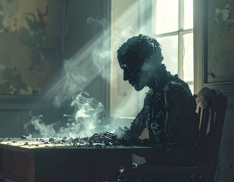 窓から差し込む光と立ち上る煙：荒廃したデスクで何かに没頭する崩壊した人物のダークなシュールレアリスムアート素材