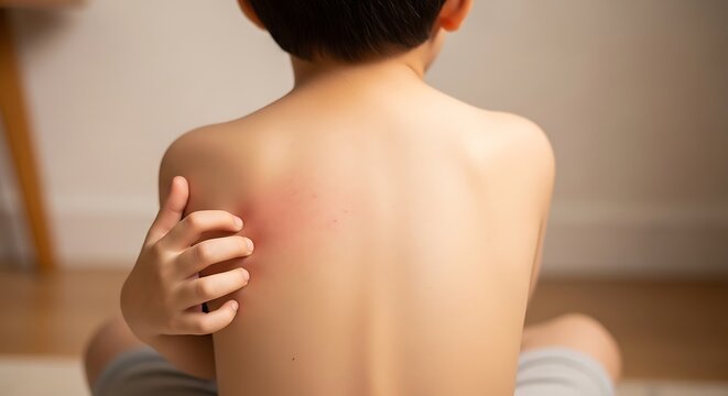 A young boy scratches an irritated, red rash on his bare back while sitting on the floor.