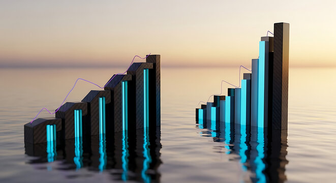 Two 3d bar chart graphs rising from the water at sunset, blue glowing bars, abstract financial growth concept