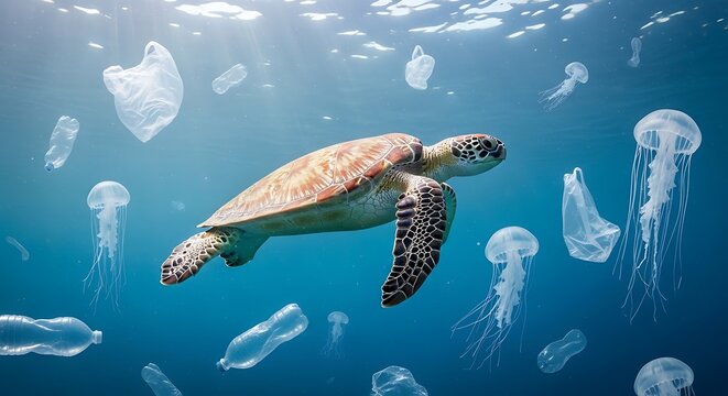 A sea turtle swims gracefully through the ocean surrounded by plastic pollution and jellyfish.