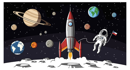 Vibrant illustration of a rocket launching from a moon surface with an astronaut floating in space surrounded by planets and stars. © cemoro
