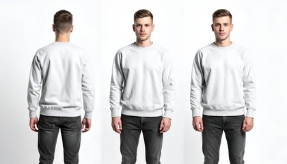 Obraz premium Man in White Sweatshirt and Jeans Posed from Three Angles: Front, Side, and Back Views for Fashion