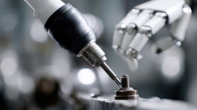 Humanoid robot helping mechanic tighten bolts during machine repair