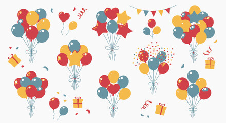 Obraz premium Colorful bunches of balloons with confetti and gift boxes, perfect for festive celebrations and parties in bright studio.