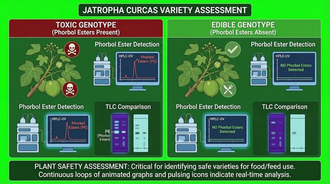 An infographic about Jatropha curcas variety assessment for plant safety and edible genotype identification