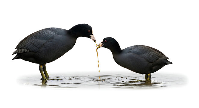 Two coots interacting in shallow water, one bird feeding the other, isolated on white