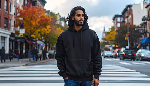 Man in Black Hoodie Standing on a Crosswalk in Autumn City Street with Colorful Trees and Cars