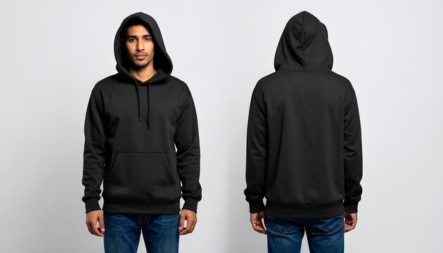 Man in Black Hoodie with Front Pocket and Drawstrings, Front and Back View on White Background