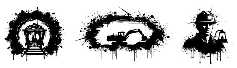 Mining industry icons featuring coal cart excavator and miner in grunge splatter style © Katarzyna