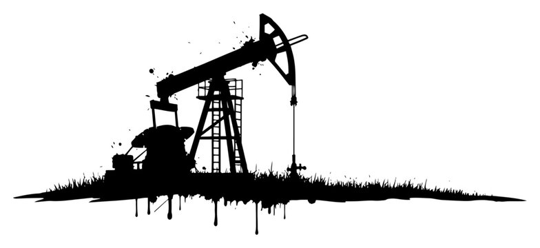 Oil pump jack extraction machine with black ink splatters and dripping paint vintage grunge style