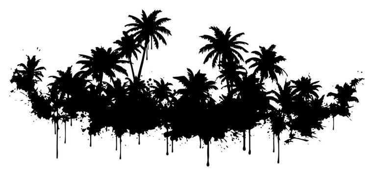 Tropical palm trees island landscape with grunge splatter and dripping ink paint effect style