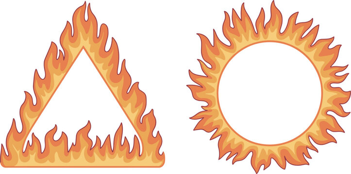 Fire triangle and flaming circle set, burning geometric shapes, hot flame vector illustration
