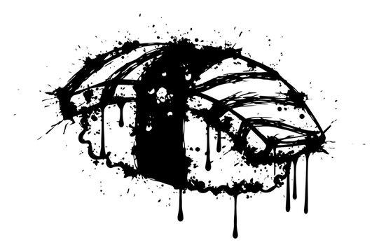 Sushi nigiri roll with expressive ink splatters and japanese grunge style