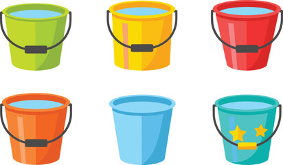 Colorful plastic buckets vector illustration set featuring water filled pails with handles in different bright colors isolated on clean background for household and cleaning design © MD