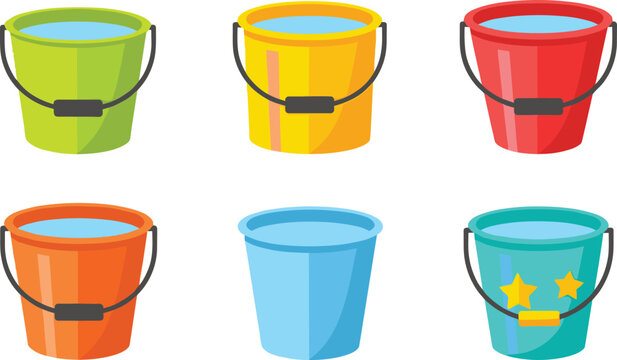 Colorful plastic buckets vector illustration set featuring water filled pails with handles in different bright colors isolated on clean background for household and cleaning design