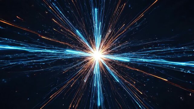 Aerial view of vibrant blue and orange light streaks exploding from a bright white center