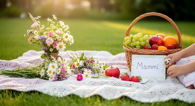A childs hands holding a flower next to a wicker basket filled with fruit and a bouquet of colorful flowers on a white blanket in a green field