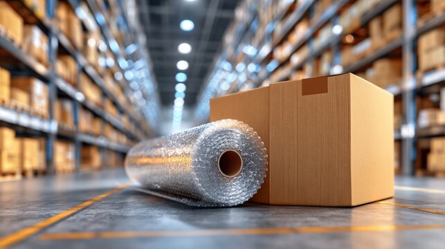 Cardboard box and bubble wrap roll in a warehouse aisle with shelves full of packages