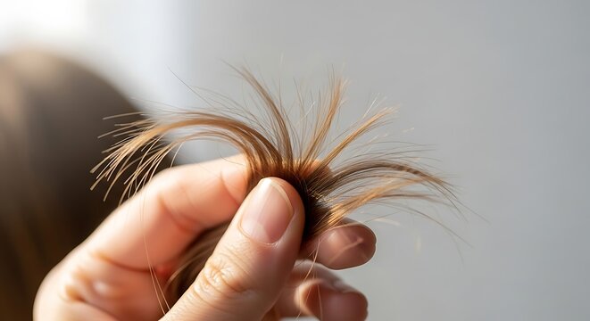 A close-up of a person's hand holding a small section of light brown, visibly damaged and frizzy hair with split ends.