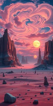 Surreal desert landscape with towering rock formations and a sky filled with swirling, iridescent clouds and twin suns,  scenic,  landscape
