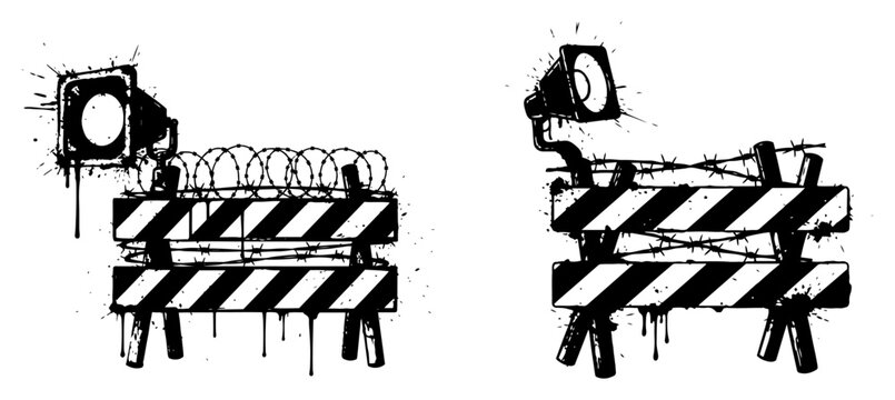Road construction barricade with spotlights and barbed wire in grunge ink style