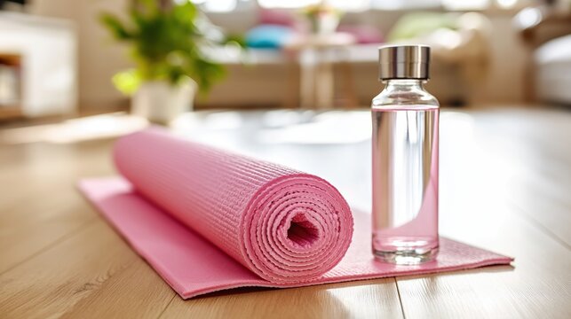 Rolled pink yoga mat and water bottle on wooden floor, ready for home workout