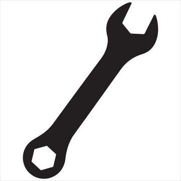 Black wrench icon, adjustable spanner tool, mechanical symbol, repair equipment