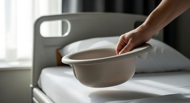 A hand places or removes a clean bedpan from a hospital bed, emphasizing patient care and medical assistance in healthcare settings.