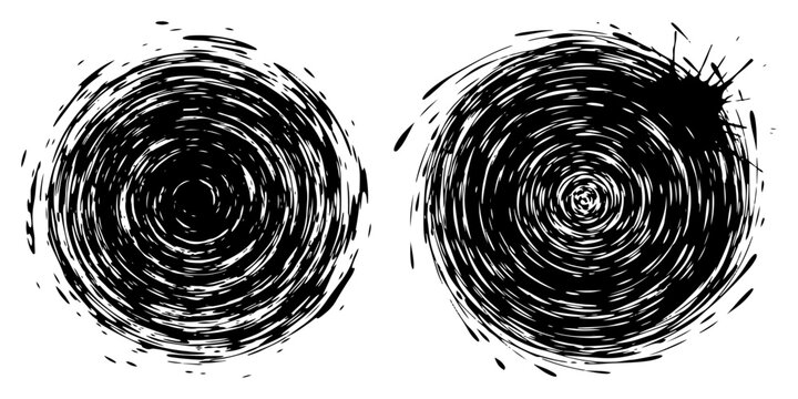 Circular spiral vortexes with rough edges and ink splatters in grunge style