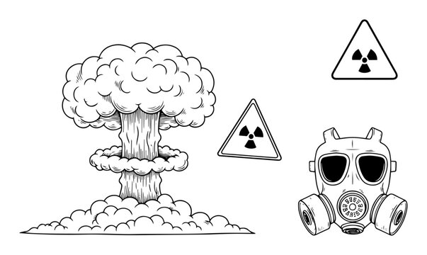Atomic blast mushroom cloud collection with gas mask and radioactive hazard symbols in engraving style
