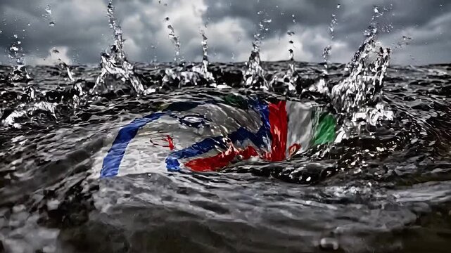 America, iran, israel national flag sinking into deep dark water whirlpool vortex under stormy sky representing international political conflict economic crisis and military war tension confrontation