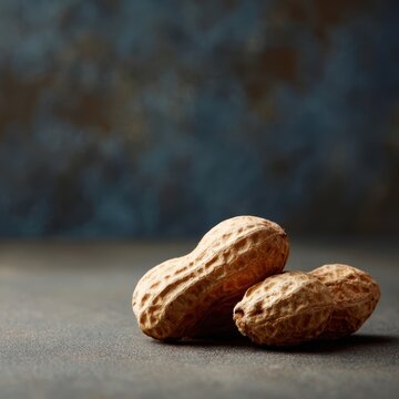 Two peanuts in shell with textured surface on rustic background, natural snack ingredient